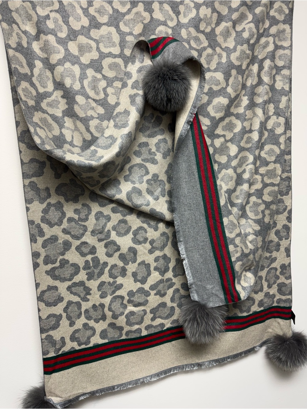 Gucci Gray & Cream Leopard Print Shawl with Red-Green Stripe and Gray Pom Poms - Picture 2 of 5